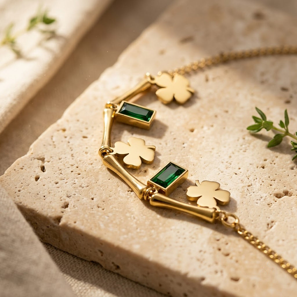 Emerald Baguette & Four-Leaf Clover Curved Bar Bracelet - View 5 | ANUSI 18K Gold Jewelry