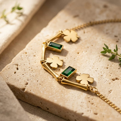 Emerald Baguette & Four-Leaf Clover Curved Bar Bracelet - View 5 | ANUSI 18K Gold Jewelry