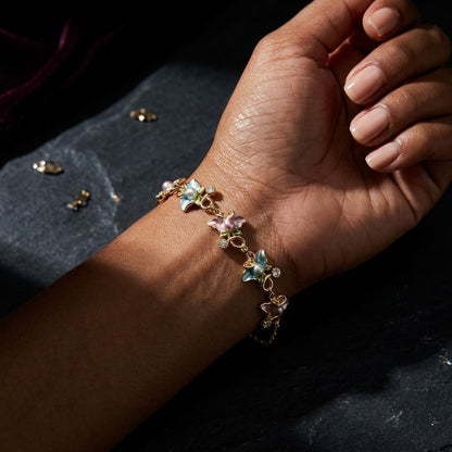 Pastel Blossom Floral & Butterfly Crystal Bracelet - View 6 | ANUSI 18K Gold Jewelry