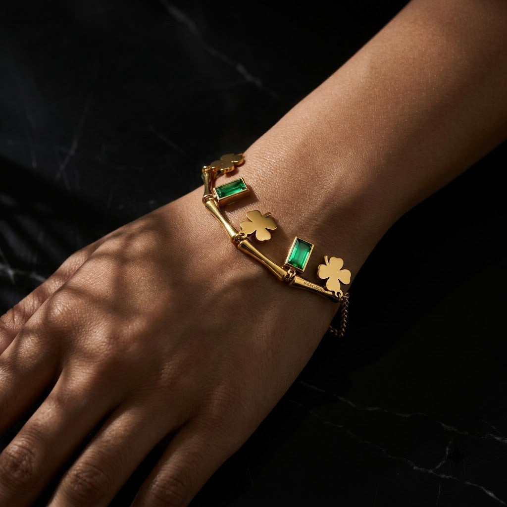 Emerald Baguette & Four-Leaf Clover Curved Bar Bracelet - View 6 | ANUSI 18K Gold Jewelry