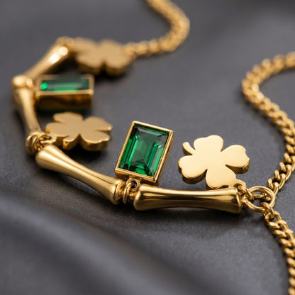 Emerald Baguette & Four-Leaf Clover Curved Bar Bracelet - View 3 | ANUSI 18K Gold Jewelry