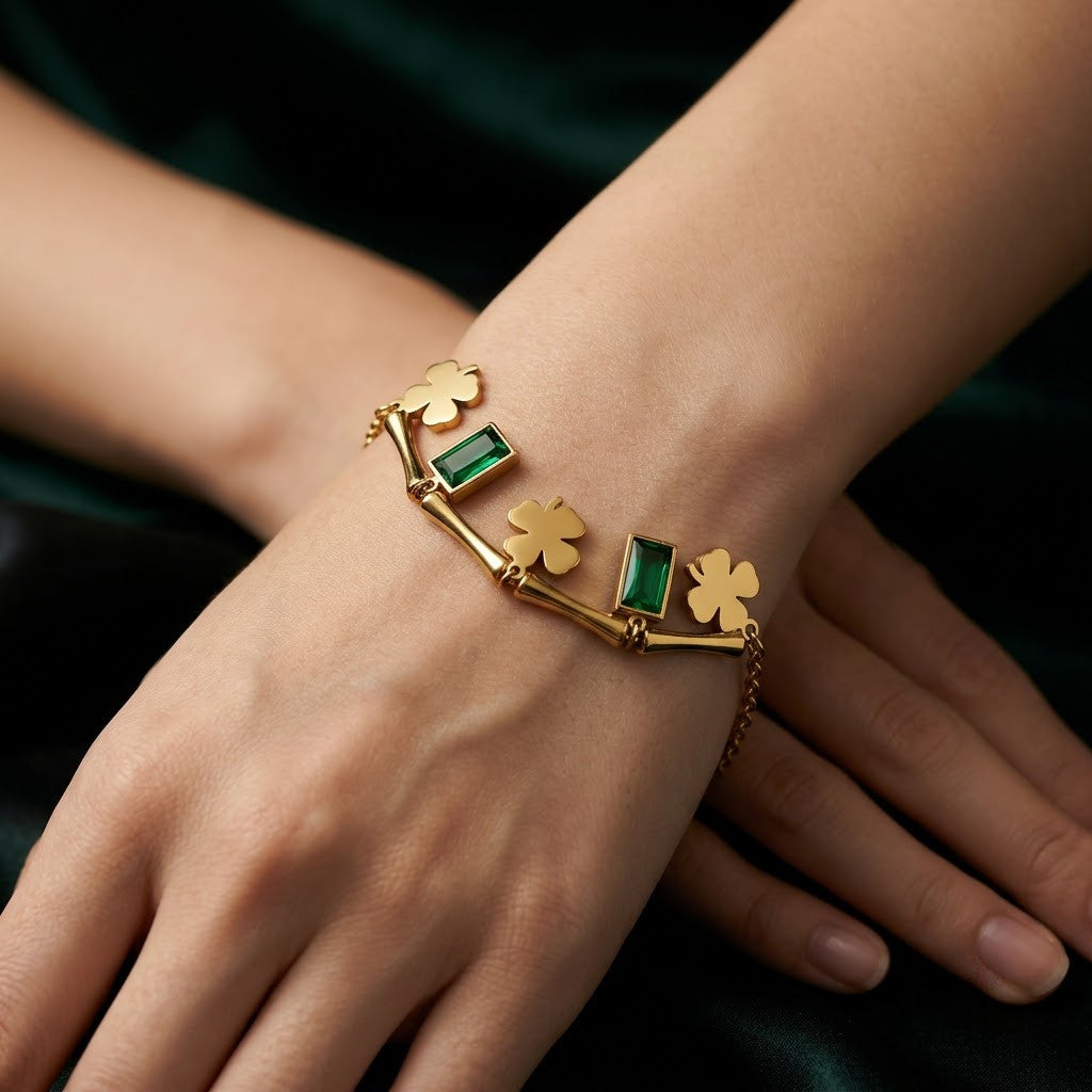 Emerald Baguette & Four-Leaf Clover Curved Bar Bracelet - View 2 | ANUSI 18K Gold Jewelry