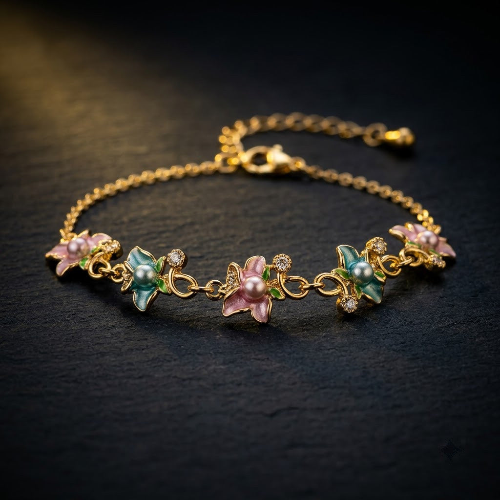 Pastel Blossom Floral & Butterfly Crystal Bracelet - View 7 | ANUSI 18K Gold Jewelry