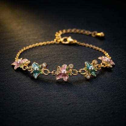 Pastel Blossom Floral & Butterfly Crystal Bracelet - View 7 | ANUSI 18K Gold Jewelry
