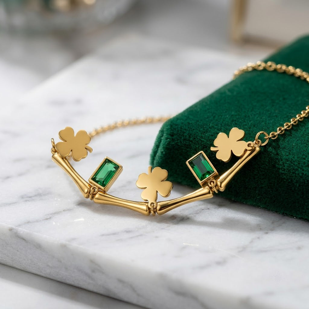 Emerald Baguette & Four-Leaf Clover Curved Bar Bracelet - View 4 | ANUSI 18K Gold Jewelry