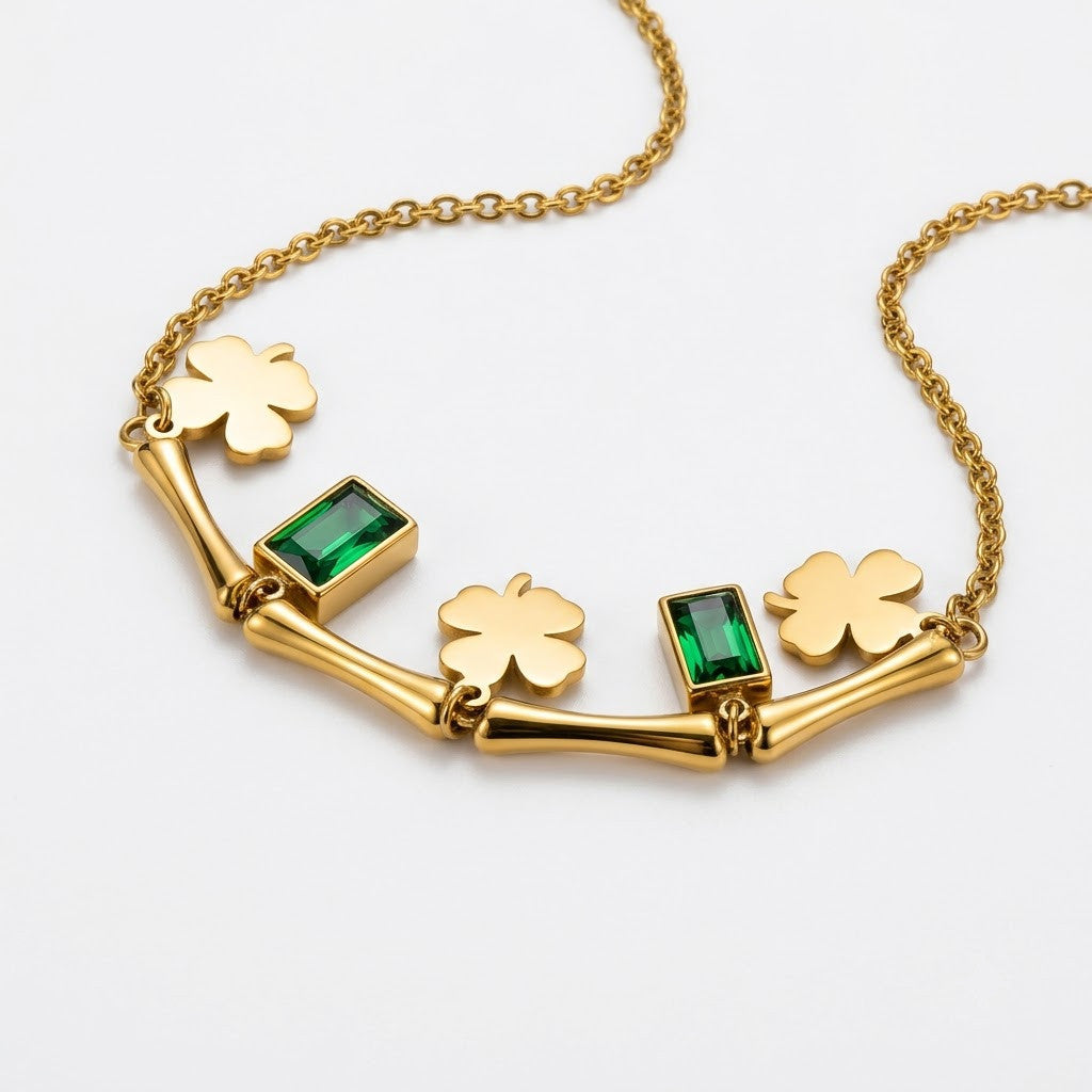 Emerald Baguette & Four-Leaf Clover Curved Bar Bracelet - View 1 | ANUSI 18K Gold Jewelry