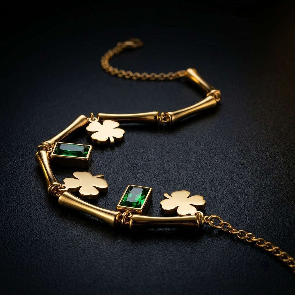 Emerald Baguette & Four-Leaf Clover Curved Bar Bracelet - View 7 | ANUSI 18K Gold Jewelry