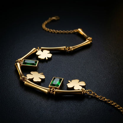Emerald Baguette & Four-Leaf Clover Curved Bar Bracelet - View 7 | ANUSI 18K Gold Jewelry