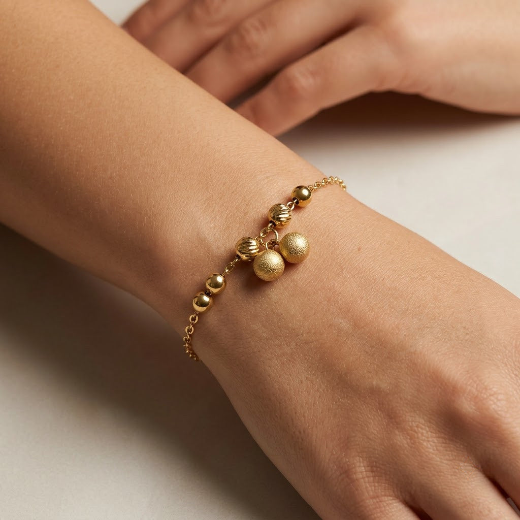 Petite Double Jingle Bell Sphere Charm Beaded Bracelet - View 2 | ANUSI 18K Gold Jewelry