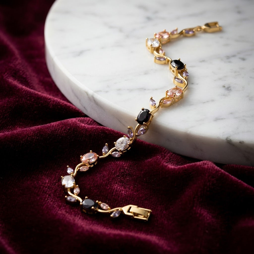 Botanical Vine Marquise Rose & Onyx Gemstone Bracelet - View 4 | ANUSI 18K Gold Jewelry