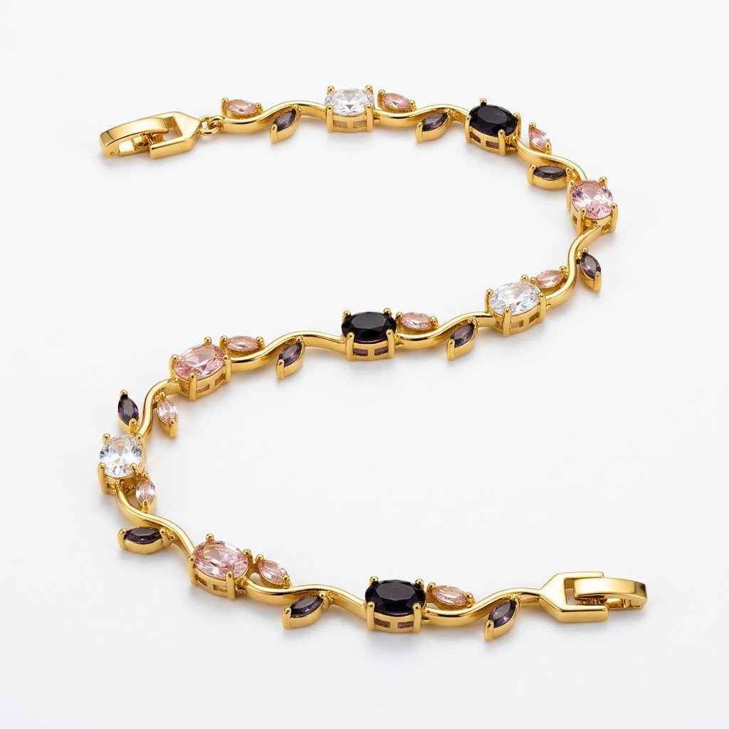 Botanical Vine Marquise Rose & Onyx Gemstone Bracelet - View 1 | ANUSI 18K Gold Jewelry
