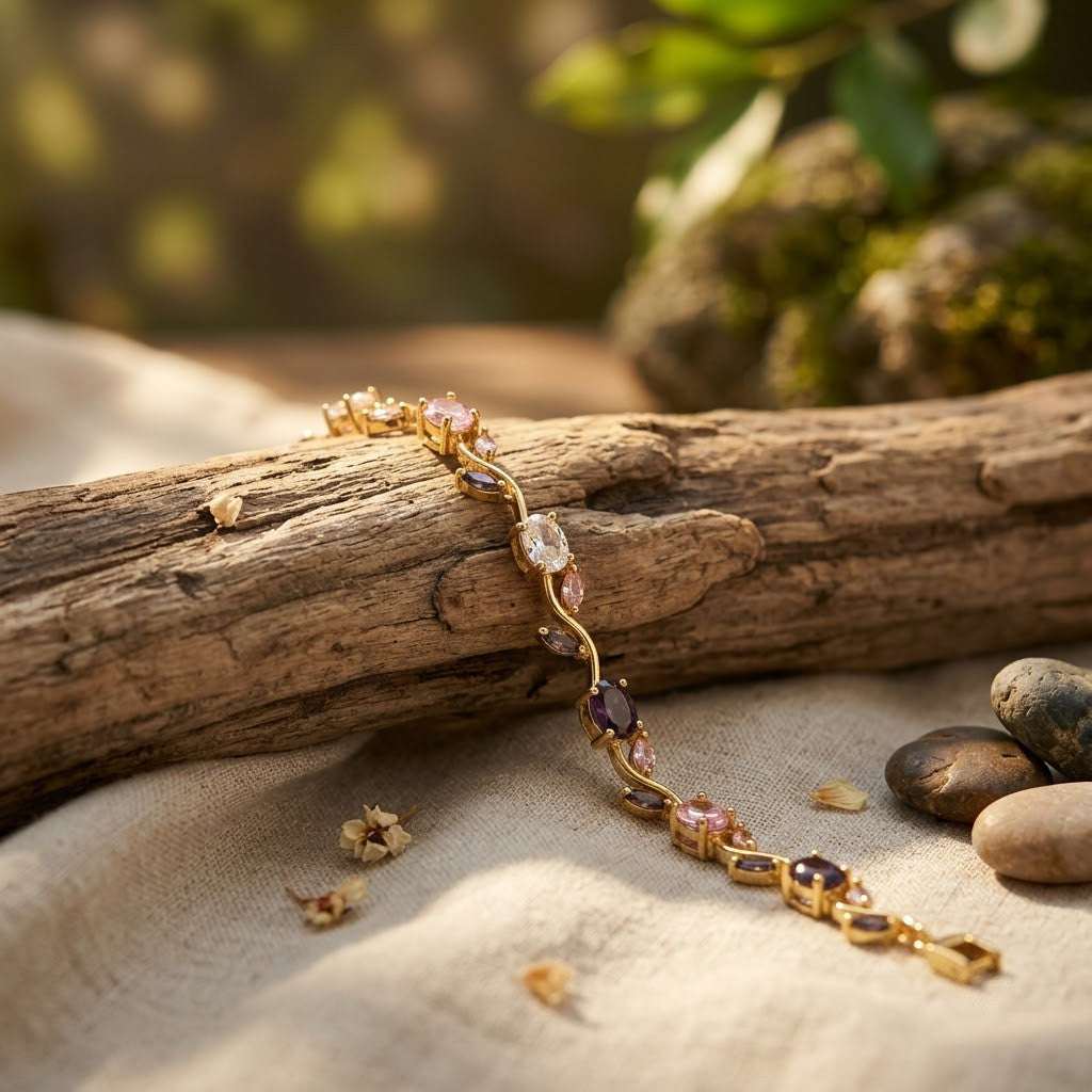 Botanical Vine Marquise Rose & Onyx Gemstone Bracelet - View 5 | ANUSI 18K Gold Jewelry