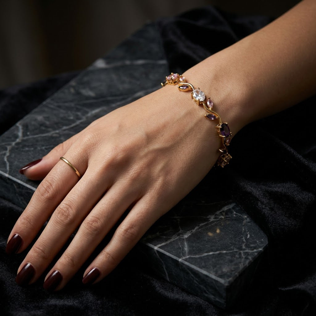 Botanical Vine Marquise Rose & Onyx Gemstone Bracelet - View 6 | ANUSI 18K Gold Jewelry