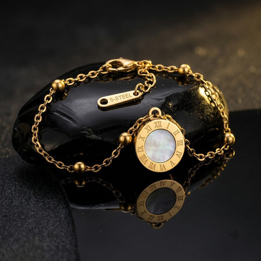 Roman Numeral Reversible MOP & Onyx Disc Beaded Bracelet - View 7 | ANUSI 18K Gold Jewelry