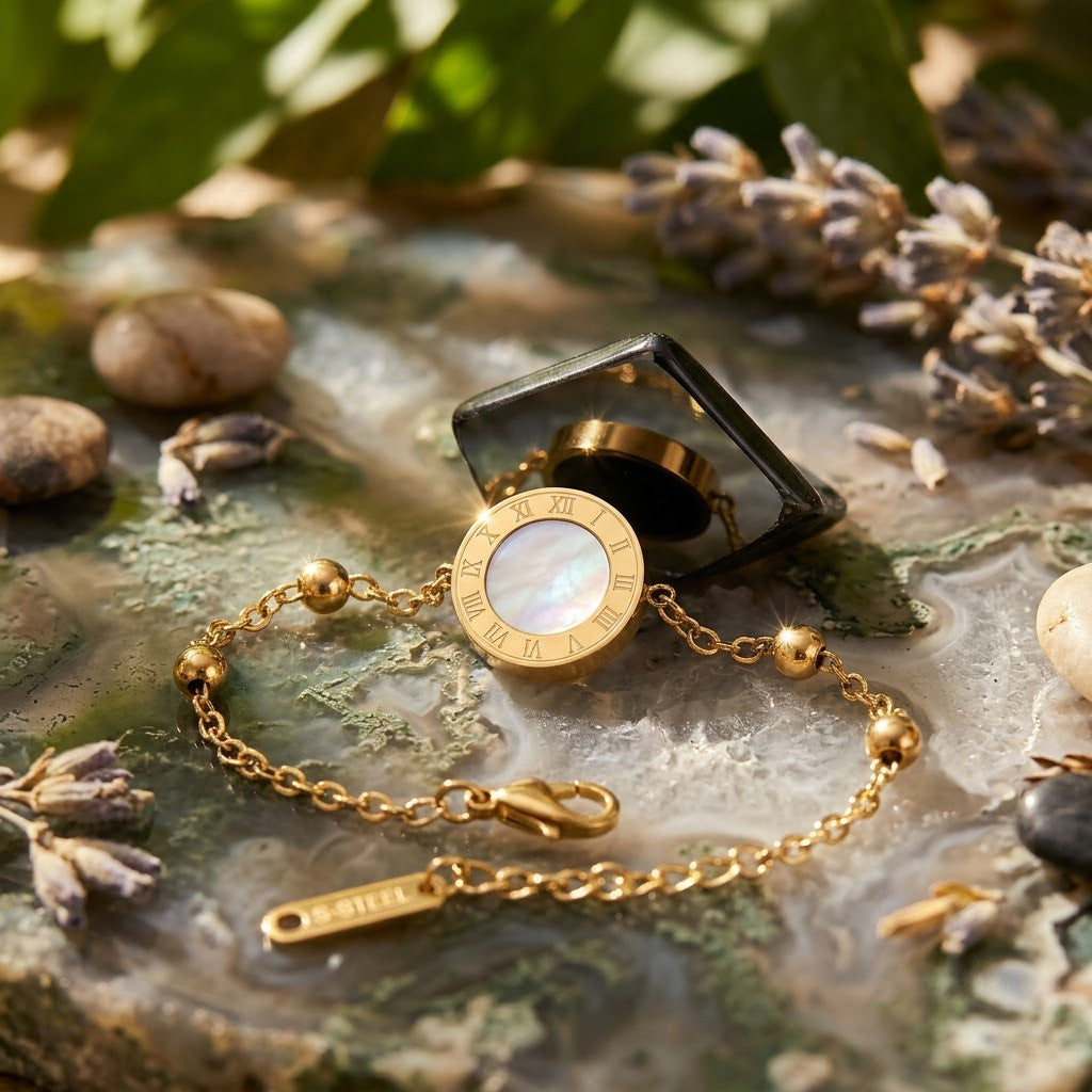 Roman Numeral Reversible MOP & Onyx Disc Beaded Bracelet - View 5 | ANUSI 18K Gold Jewelry