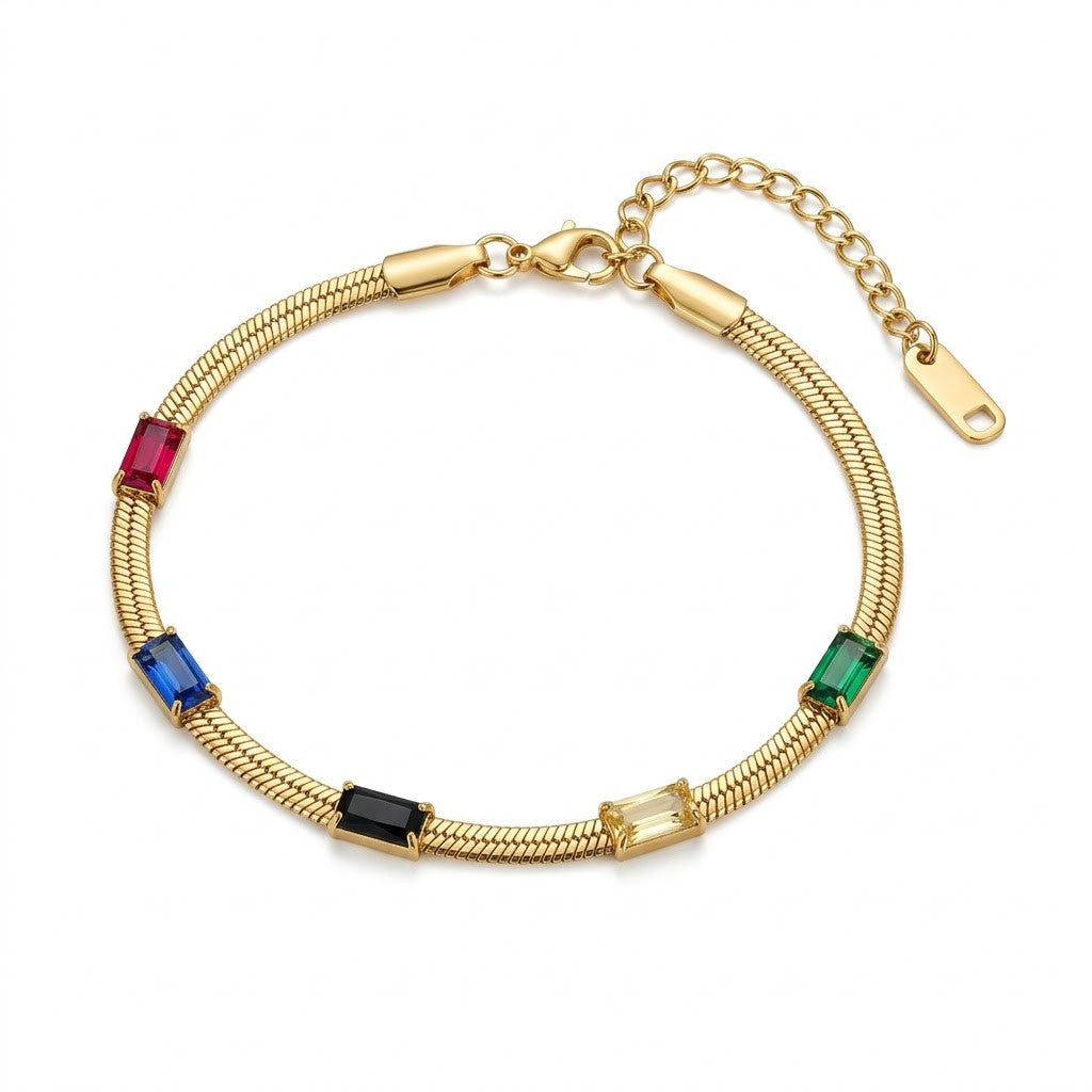 Rainbow Sapphire Baguette Gemstone Snake Chain Bracelet - View 1 | ANUSI 18K Gold Jewelry