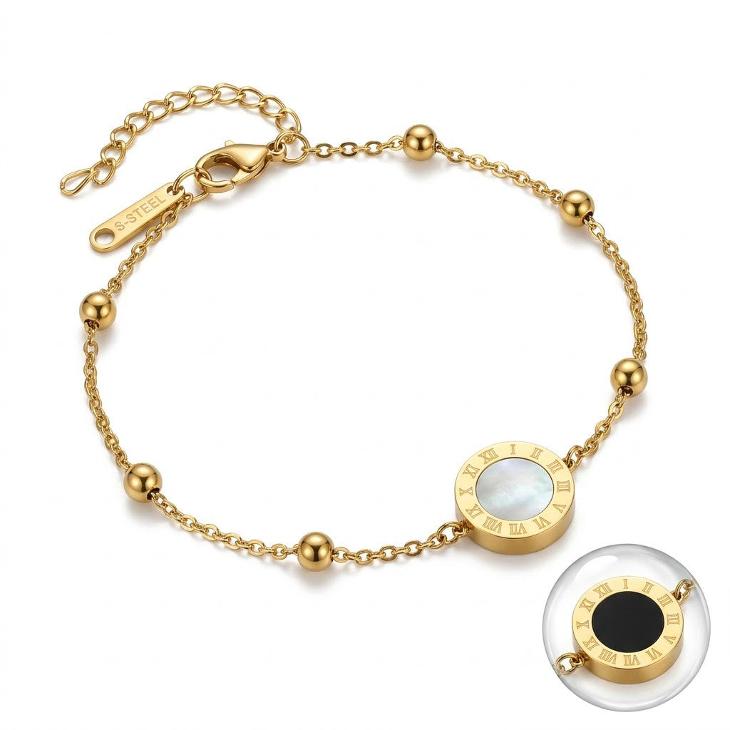 Roman Numeral Reversible MOP & Onyx Disc Beaded Bracelet - View 1 | ANUSI 18K Gold Jewelry