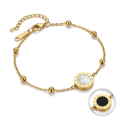 Roman Numeral Reversible MOP & Onyx Disc Beaded Bracelet - View 1 | ANUSI 18K Gold Jewelry