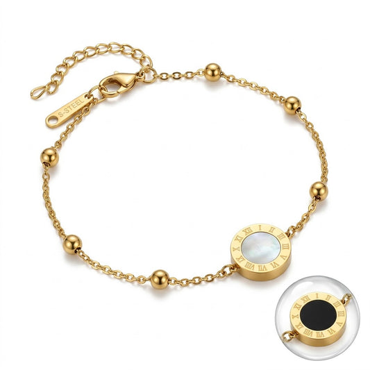 Roman Numeral Reversible MOP & Onyx Disc Beaded Bracelet - View 1 | ANUSI 18K Gold Jewelry
