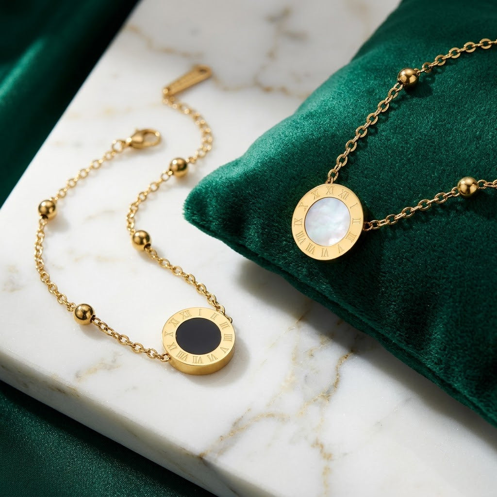Roman Numeral Reversible MOP & Onyx Disc Beaded Bracelet - View 4 | ANUSI 18K Gold Jewelry