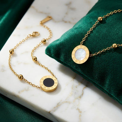Roman Numeral Reversible MOP & Onyx Disc Beaded Bracelet - View 4 | ANUSI 18K Gold Jewelry
