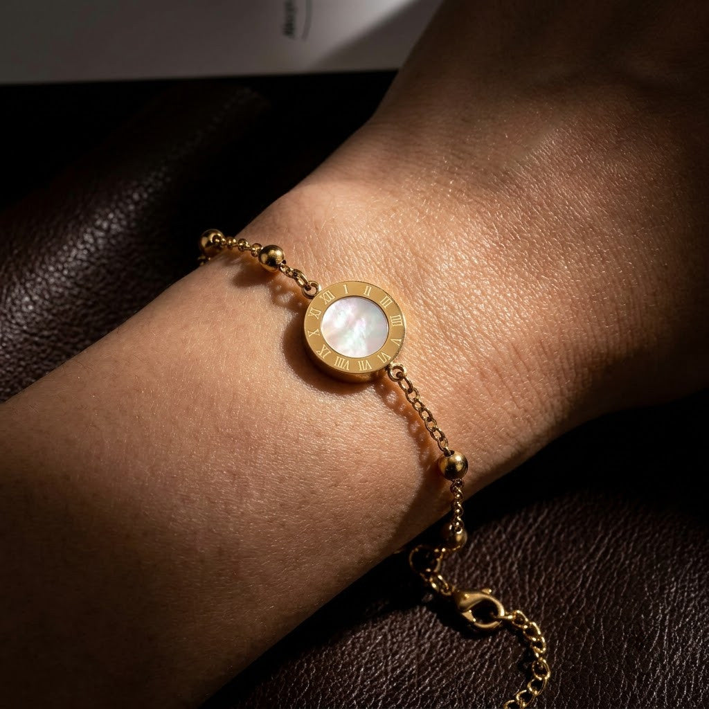 Roman Numeral Reversible MOP & Onyx Disc Beaded Bracelet - View 6 | ANUSI 18K Gold Jewelry