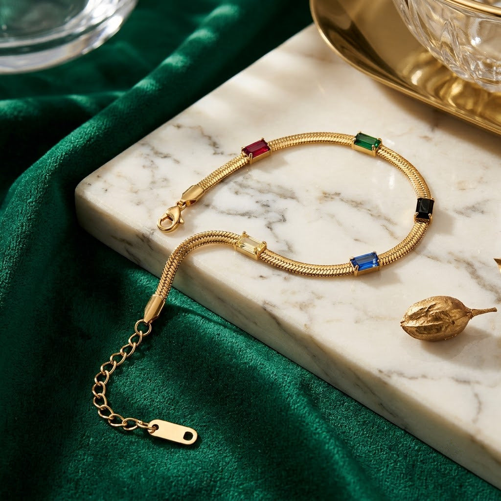 Rainbow Sapphire Baguette Gemstone Snake Chain Bracelet - View 3 | ANUSI 18K Gold Jewelry