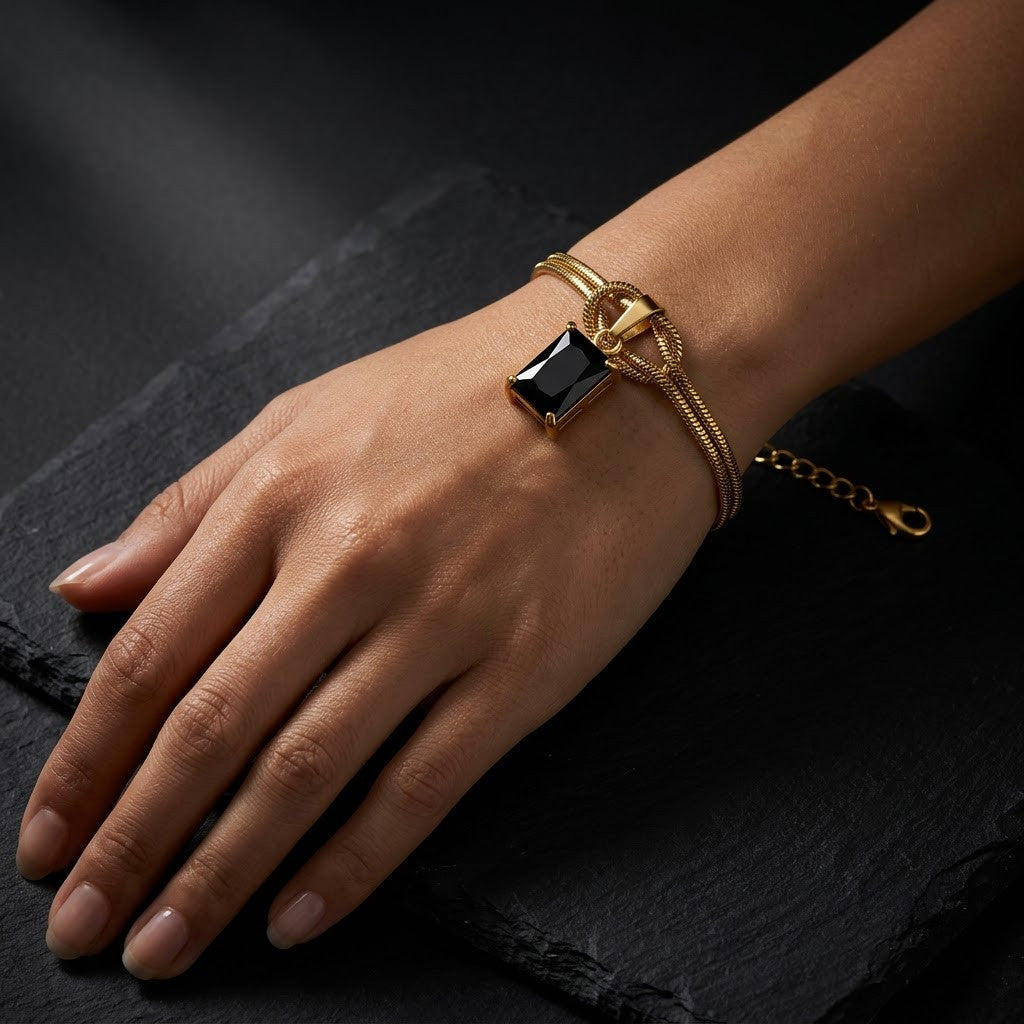 Black Onyx Emerald-Cut Dual Snake Chain Bracelet - View 6 | ANUSI 18K Gold Jewelry