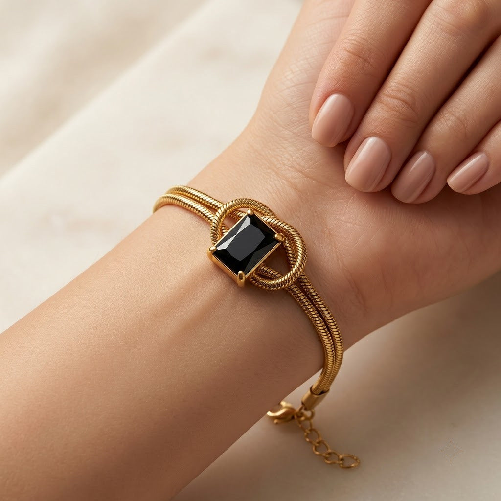 Black Onyx Emerald-Cut Dual Snake Chain Bracelet - View 2 | ANUSI 18K Gold Jewelry