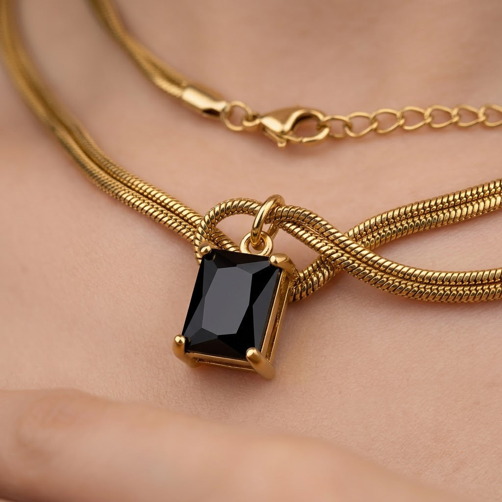 Black Onyx Emerald-Cut Dual Snake Chain Bracelet - View 3 | ANUSI 18K Gold Jewelry
