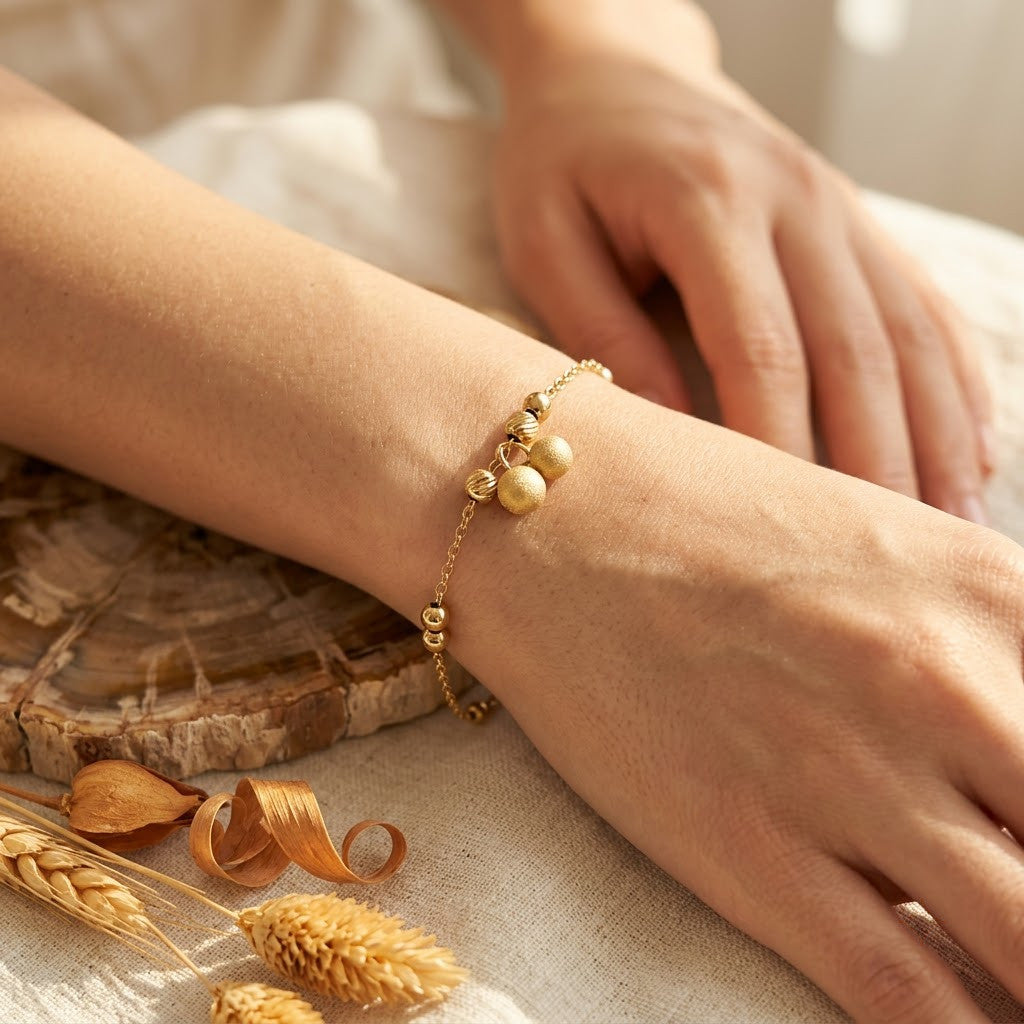 Petite Double Jingle Bell Sphere Charm Beaded Bracelet - View 5 | ANUSI 18K Gold Jewelry
