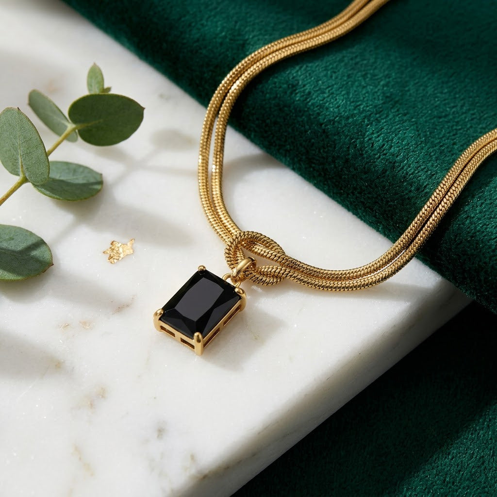 Black Onyx Emerald-Cut Dual Snake Chain Bracelet - View 4 | ANUSI 18K Gold Jewelry