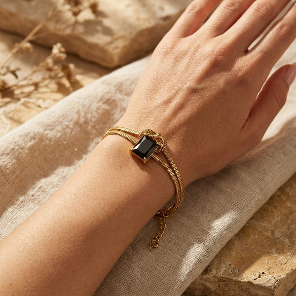 Black Onyx Emerald-Cut Dual Snake Chain Bracelet - View 5 | ANUSI 18K Gold Jewelry