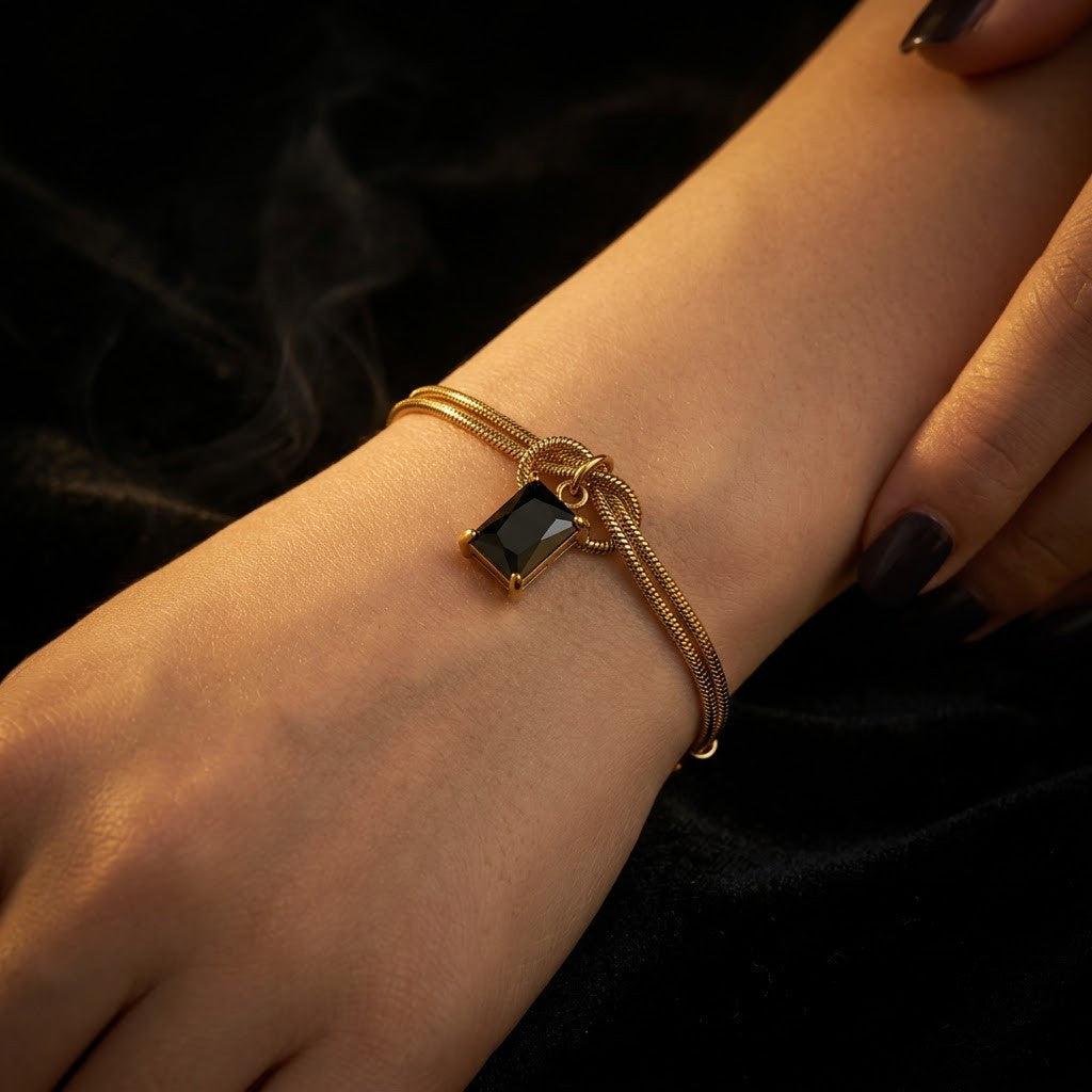 Black Onyx Emerald-Cut Dual Snake Chain Bracelet - View 7 | ANUSI 18K Gold Jewelry