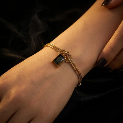 Black Onyx Emerald-Cut Dual Snake Chain Bracelet - View 7 | ANUSI 18K Gold Jewelry