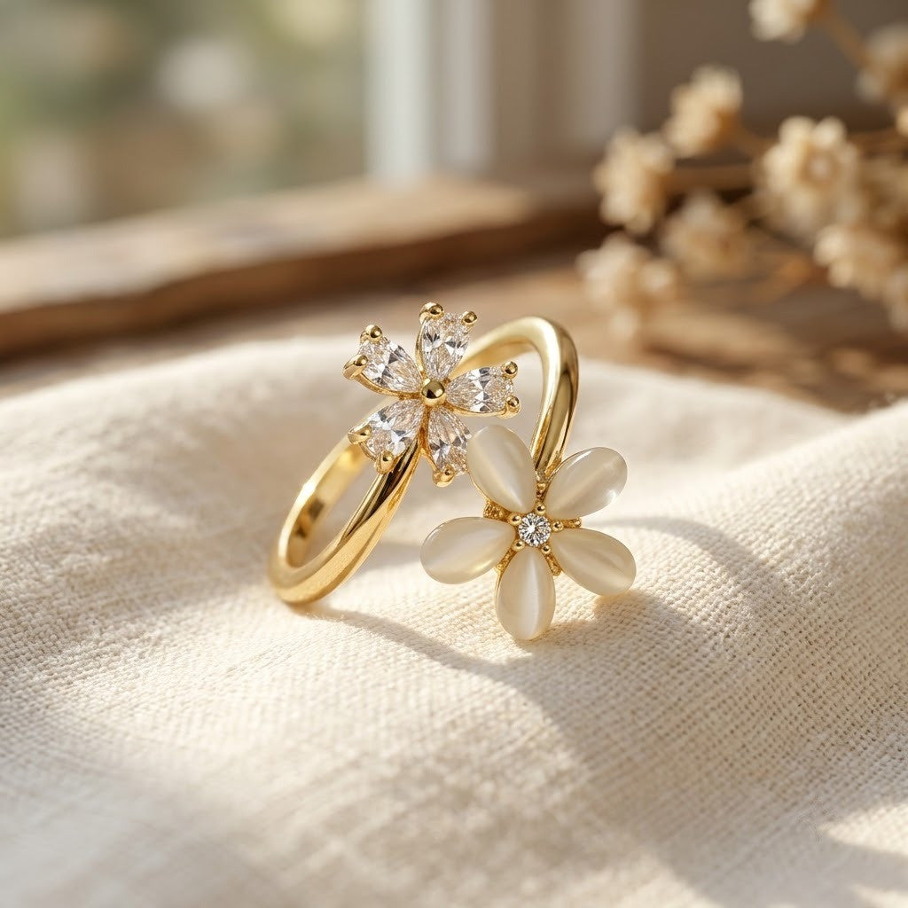 Dual Blossom Crystal & Opaline Bypass Spinner Adjustable Ring - View 3