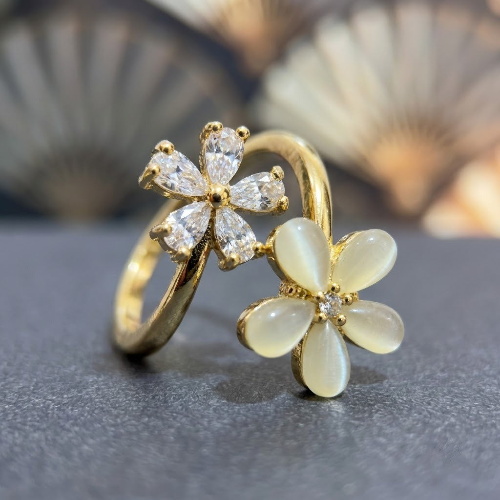 Dual Blossom Crystal & Opaline Bypass Spinner Adjustable Ring - View 4