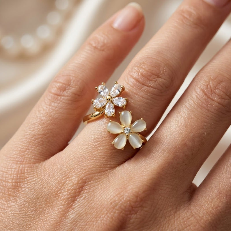 Dual Blossom Crystal & Opaline Bypass Spinner Adjustable Ring | 18K Gold Plated | Anti-Tarnish