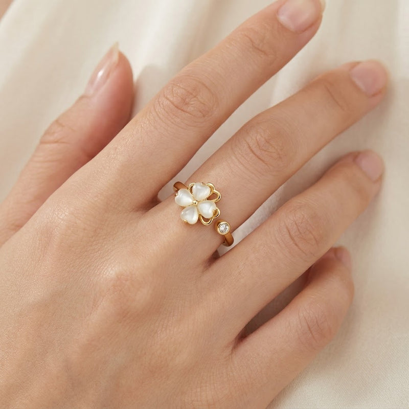 Lucky Four-Leaf Clover & Bezel Solitaire Cuff Spinner Adjustable Ring | 18K Gold Plated | Anti-Tarnish