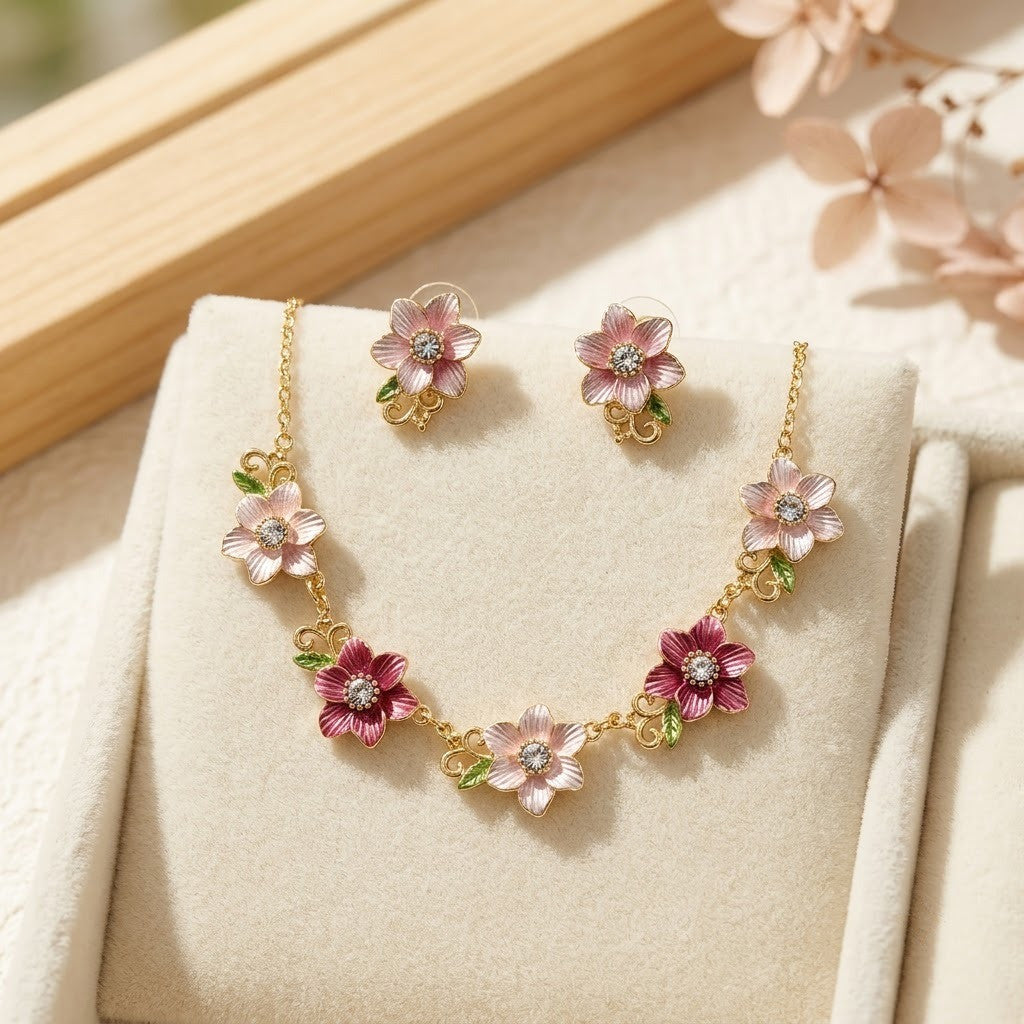 Blushing Cherry Blossom Enamel Floral Collar Necklace & Stud Earrings Jewellery Set - View 4