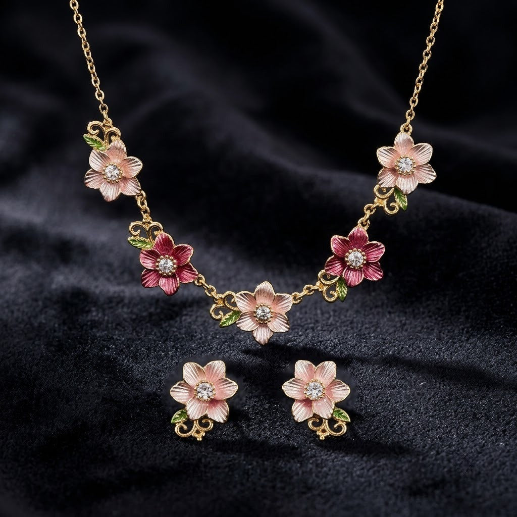 Blushing Cherry Blossom Enamel Floral Collar Necklace & Stud Earrings Jewellery Set - View 1