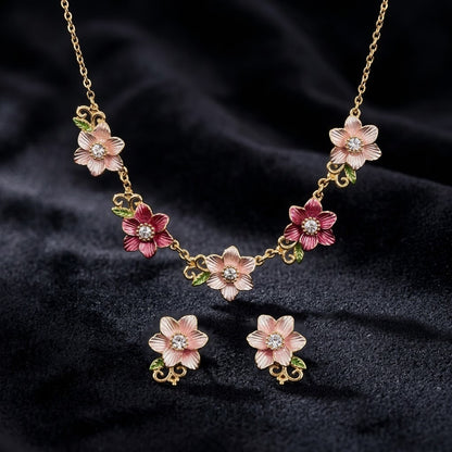 Blushing Cherry Blossom Enamel Floral Collar Necklace & Stud Earrings Jewellery Set - View 1