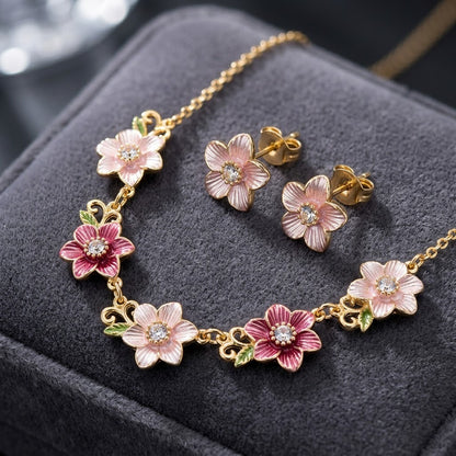 Blushing Cherry Blossom Enamel Floral Collar Necklace & Stud Earrings Jewellery Set - View 5