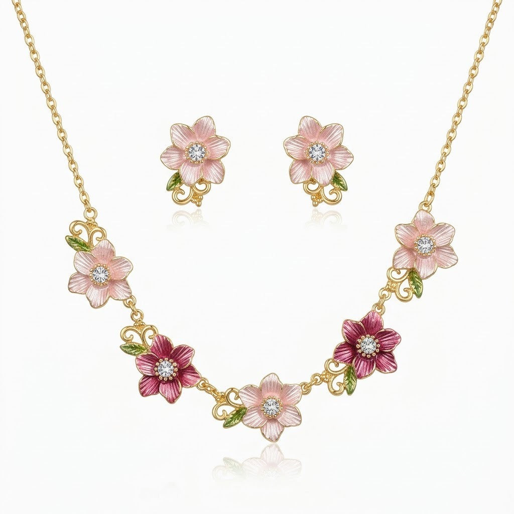 Blushing Cherry Blossom Enamel Floral Collar Necklace & Stud Earrings Jewellery Set - View 8