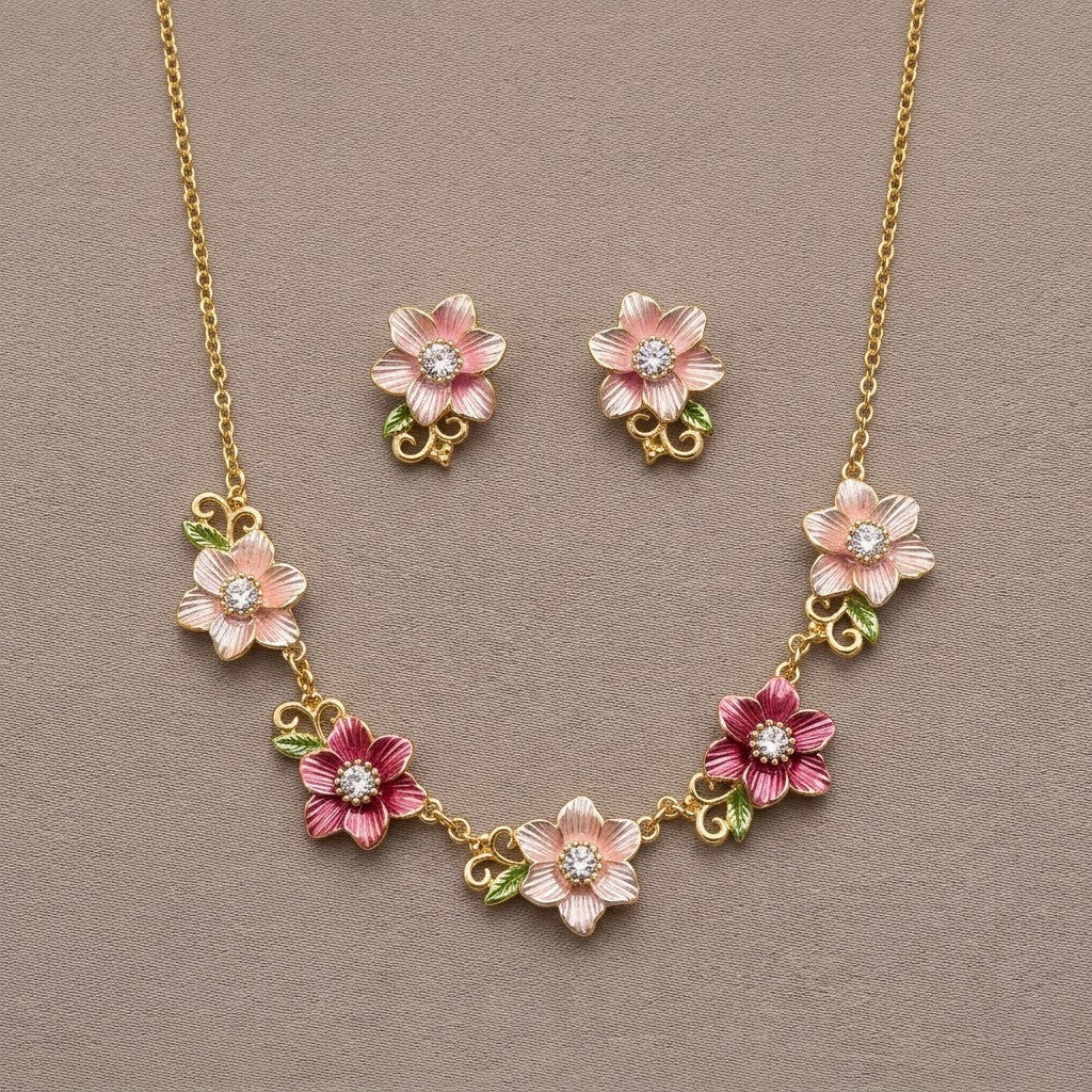Blushing Cherry Blossom Enamel Floral Collar Necklace & Stud Earrings Jewellery Set - View 9