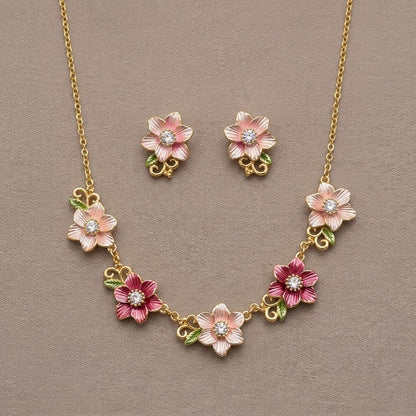 Blushing Cherry Blossom Enamel Floral Collar Necklace & Stud Earrings Jewellery Set - View 9