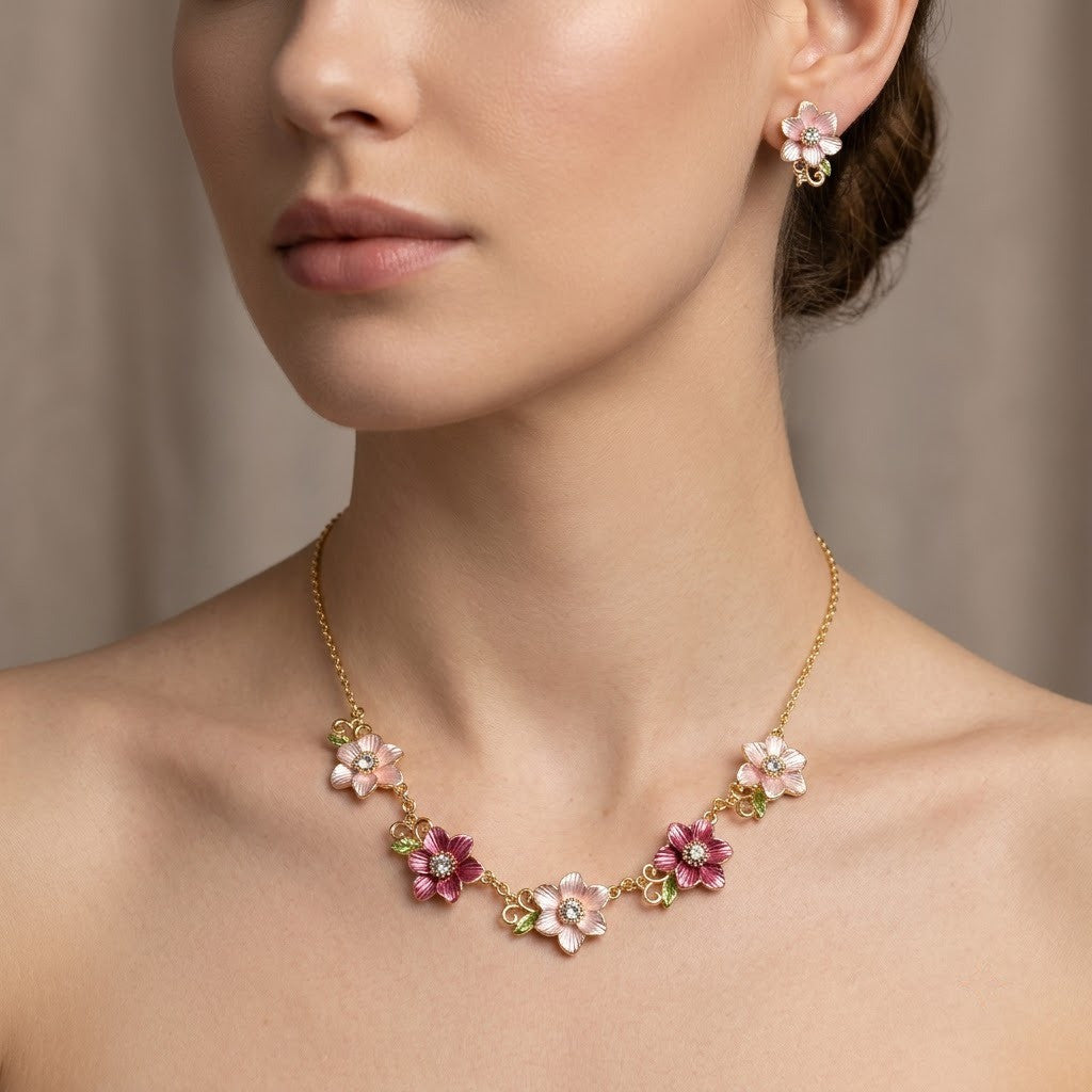 Blushing Cherry Blossom Enamel Floral Collar Necklace & Stud Earrings Jewellery Set - View 6