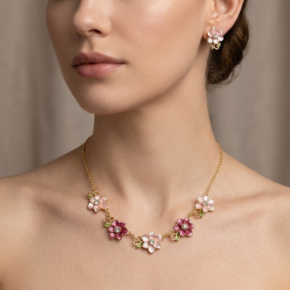 Blushing Cherry Blossom Enamel Floral Collar Necklace & Stud Earrings Jewellery Set - View 6