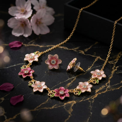 Blushing Cherry Blossom Enamel Floral Collar Necklace & Stud Earrings Jewellery Set - View 2