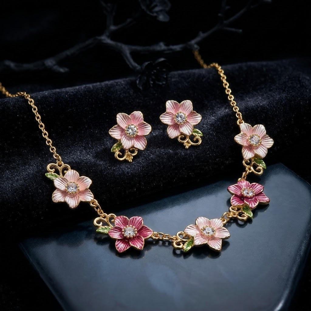 Blushing Cherry Blossom Enamel Floral Collar Necklace & Stud Earrings Jewellery Set - View 7